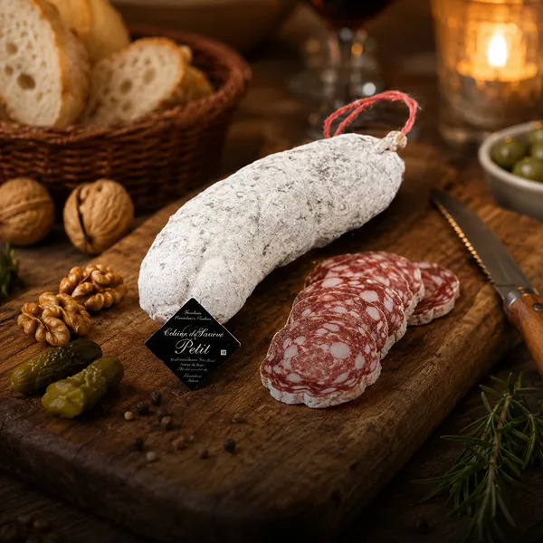Salaisons artisanales petit format et saucisse séchée sur planche en bois rustique